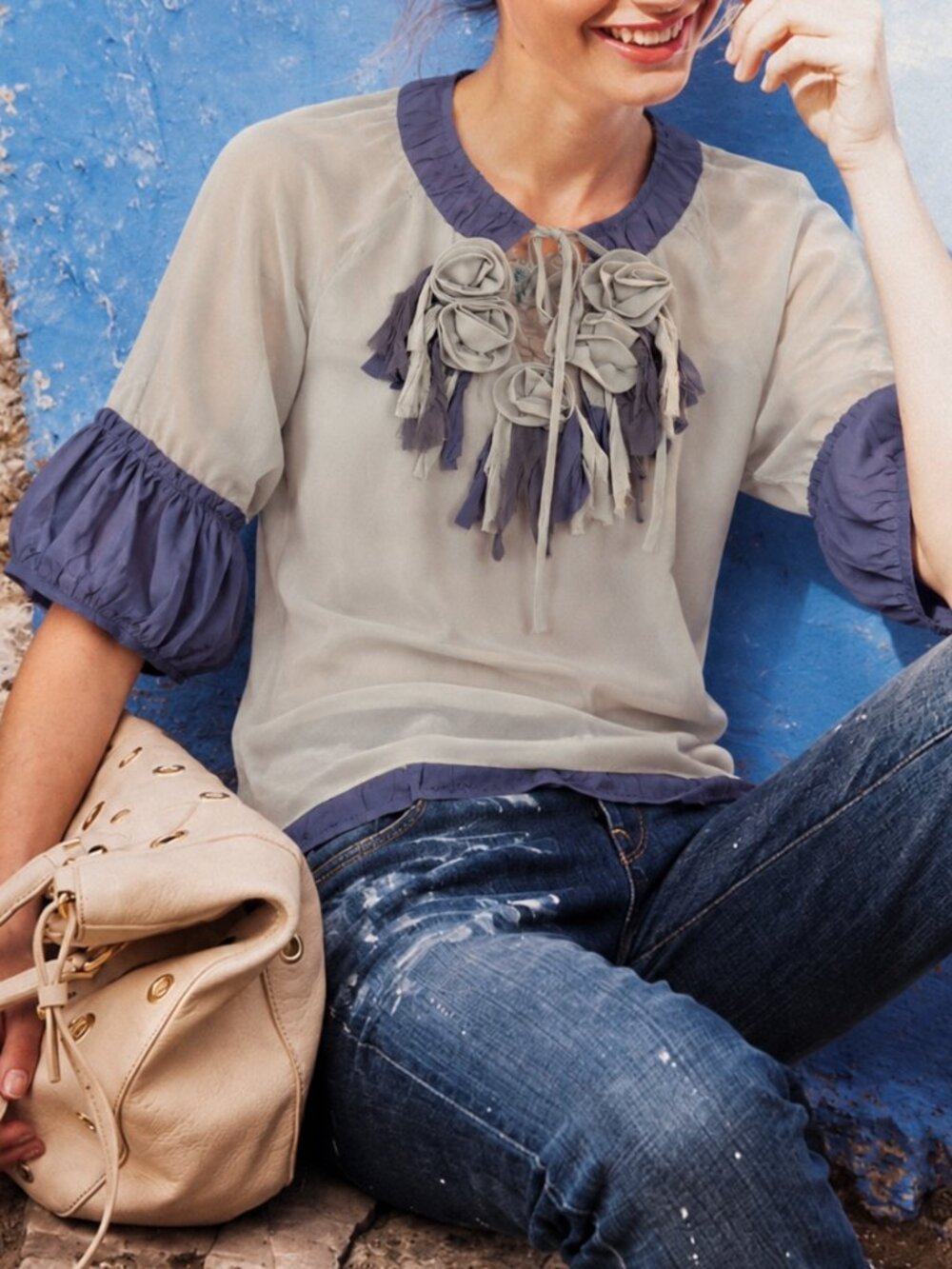 Silk Blouse with Floral Applique (0918)